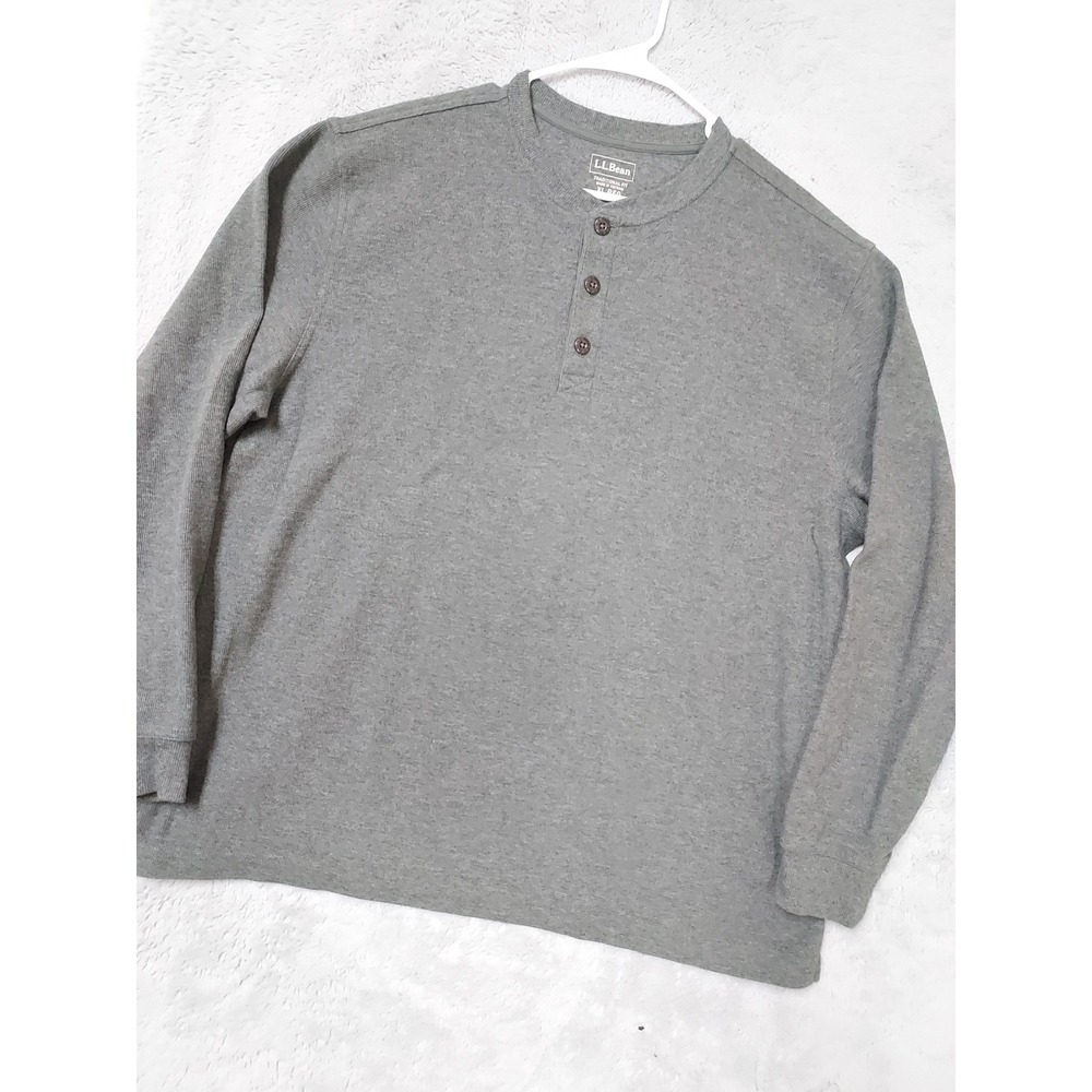 LL Bean Shirt Mens XL Waffle Knit Thermal Henley Grey Long Sleeve Outdoor Casual
